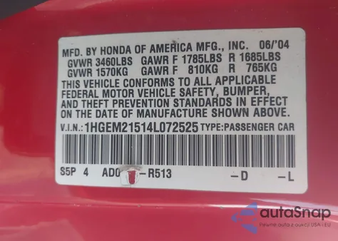 2004 Honda Civic Lx z USA, uszkodzony, nr VIN 1HGEM21514L072525